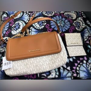 Michael Kors Brown and White Crossbody with bonus card holder